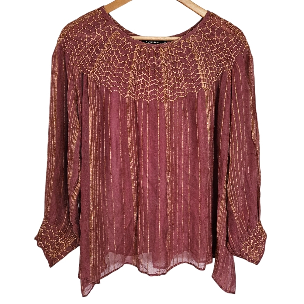 Love Sam Bresle‎ sheer burgundy metallic gold embroidered peasant blouse